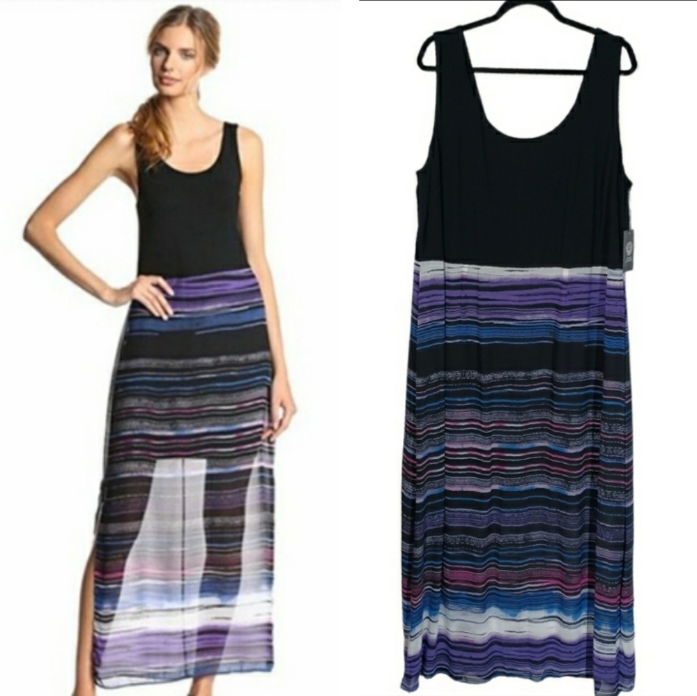 VINCE CAMUTO Miami Blues Purple Black Stripe Sleeveless Maxi Dress 3X NWT